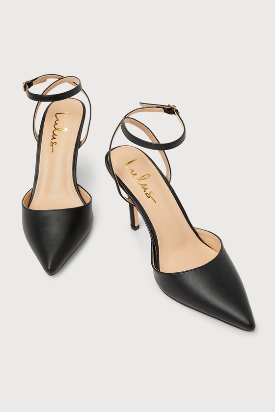 LULUS AZALIAN BLACK POINTED-TOE ANKLE STRAP HEELS