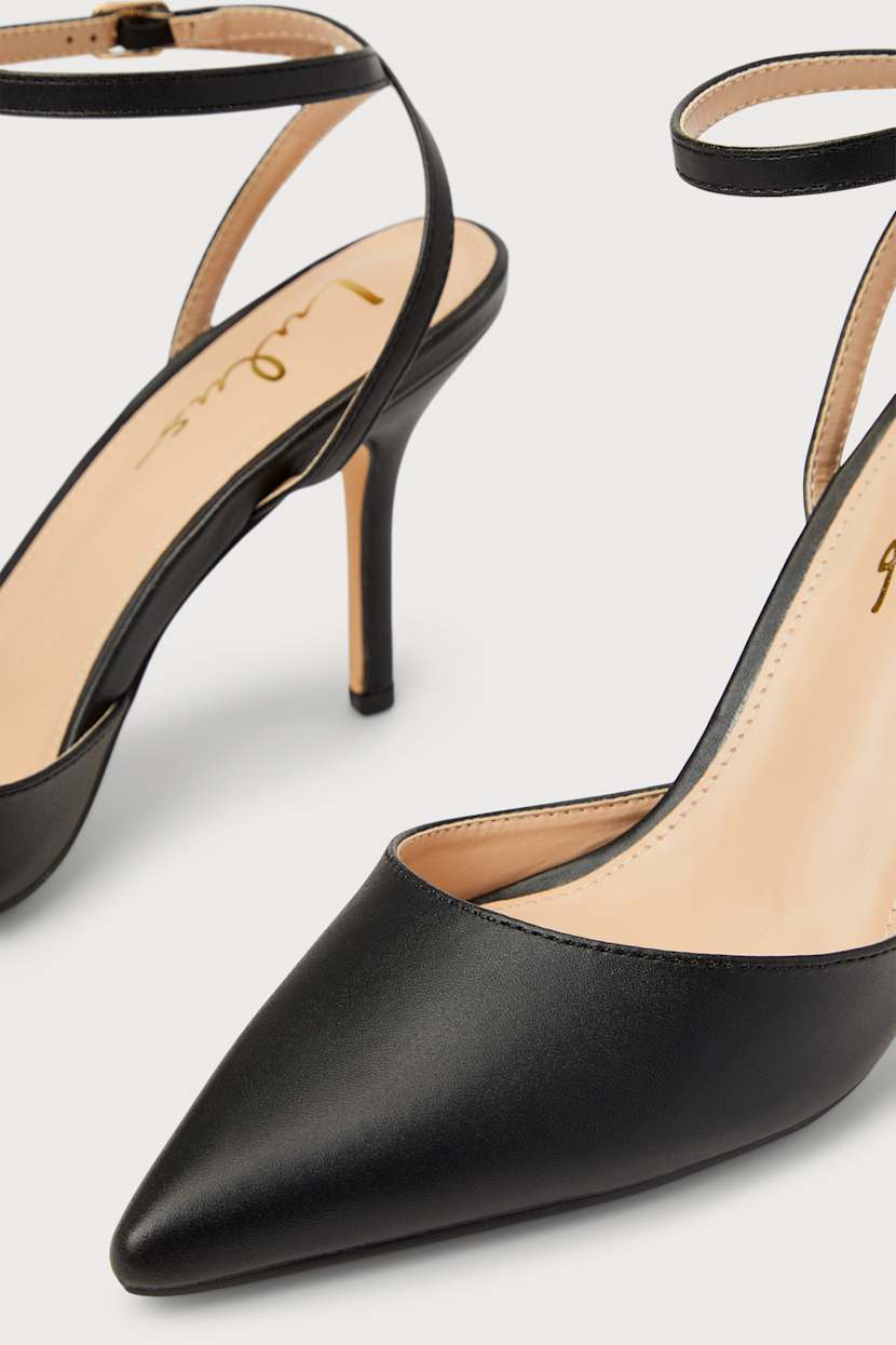 Chic Black Stiletto Heels Ankle Strap Heels Pointed-Toe Pumps