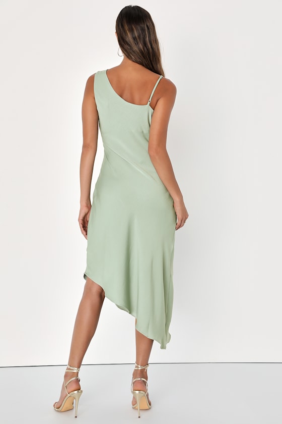Sage Green Dress - Asymmetrical Midi Dress - Cowl Neck Dress - Lulus
