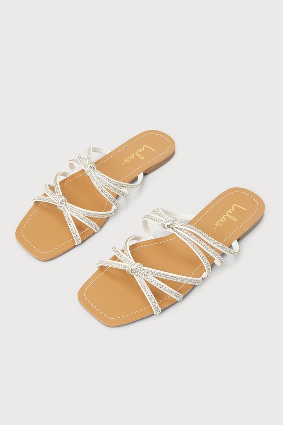 White Slide Sandals - Rhinestone Sandals - Knotted Slide Sandals - Lulus