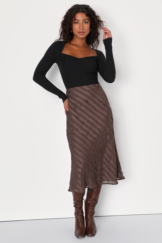 Brown Plaid Skirt - Striped Midi Skirt - A-Line Midi - Lulus