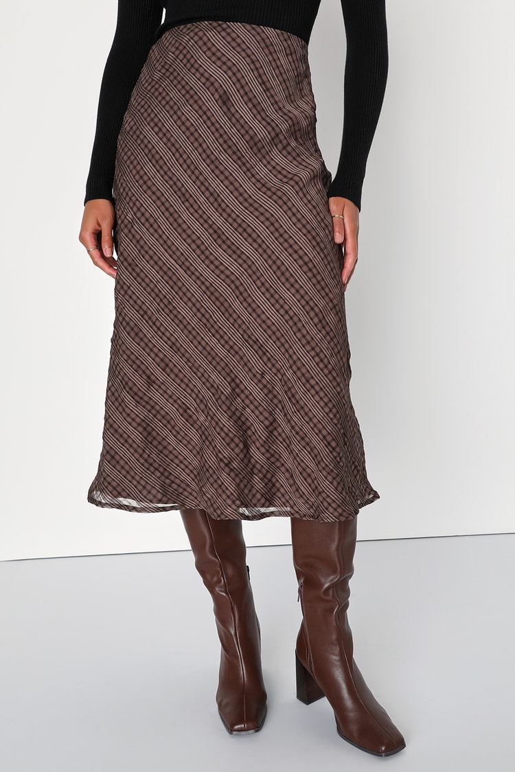 Trendy Era Brown Plaid Chiffon Midi Skirt