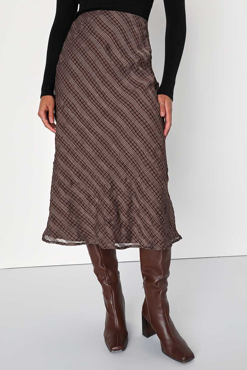 Trendy Era Brown Plaid Chiffon Midi Skirt