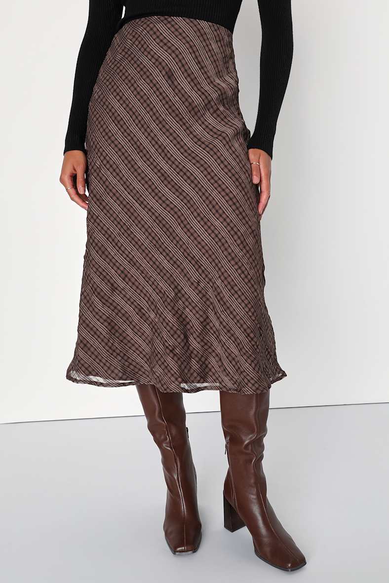 Trendy Era Brown Plaid Chiffon Midi Skirt