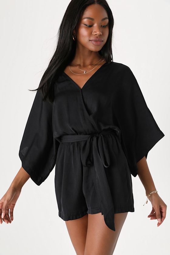 Sexy Black Romper - Satin Romper - Kaftan Sleeve Romper - Lulus