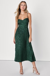 Regal Romance Emerald Floral Jacquard Pleated Satin Midi Dress