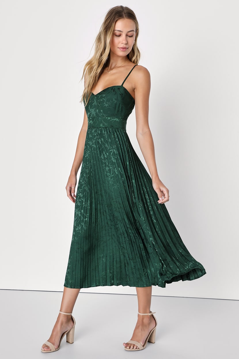 Regal Romance Emerald Floral Jacquard Pleated Satin Midi Dress