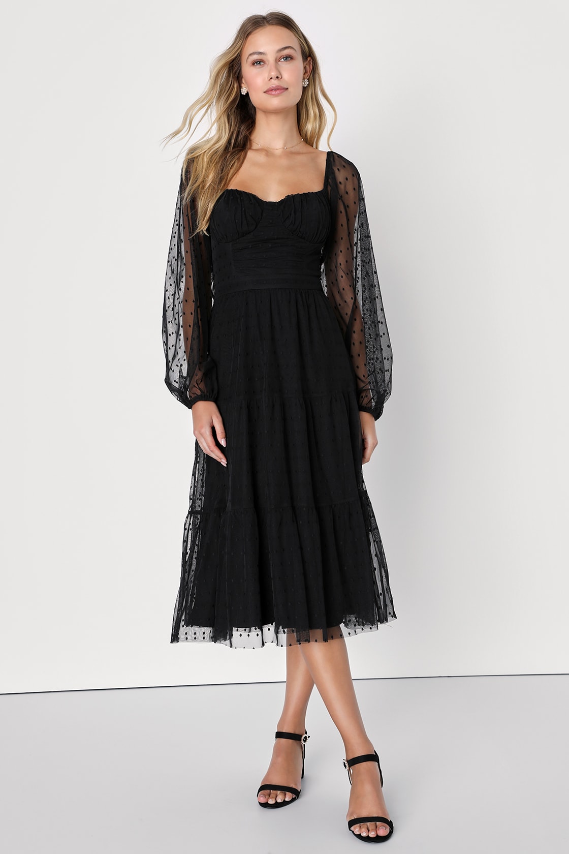 Affectionate Aura Black Swiss Dot Tiered Bustier Midi Dress