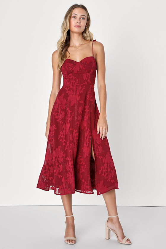 Burgundy Midi Dress Floral Jacquard Dress Bustier Dress Lulus