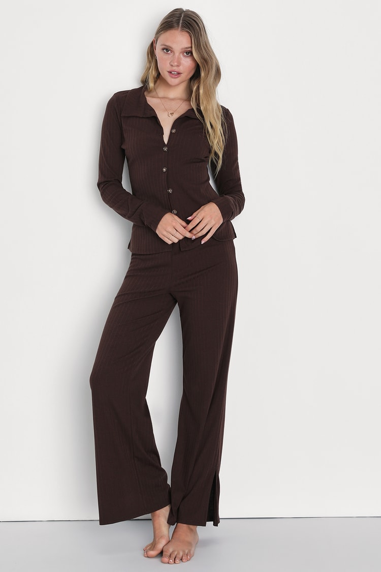 Comfy Muse Brown Ribbed Collared Wide-Leg Lounge Set