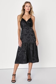 Be Your Favorite Black Satin Jacquard Midi Dress
