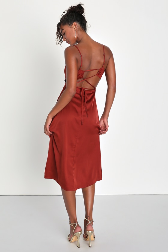 Rust Satin Dress - Lace-Up Backless Dress - Sexy Midi Dress - Lulus