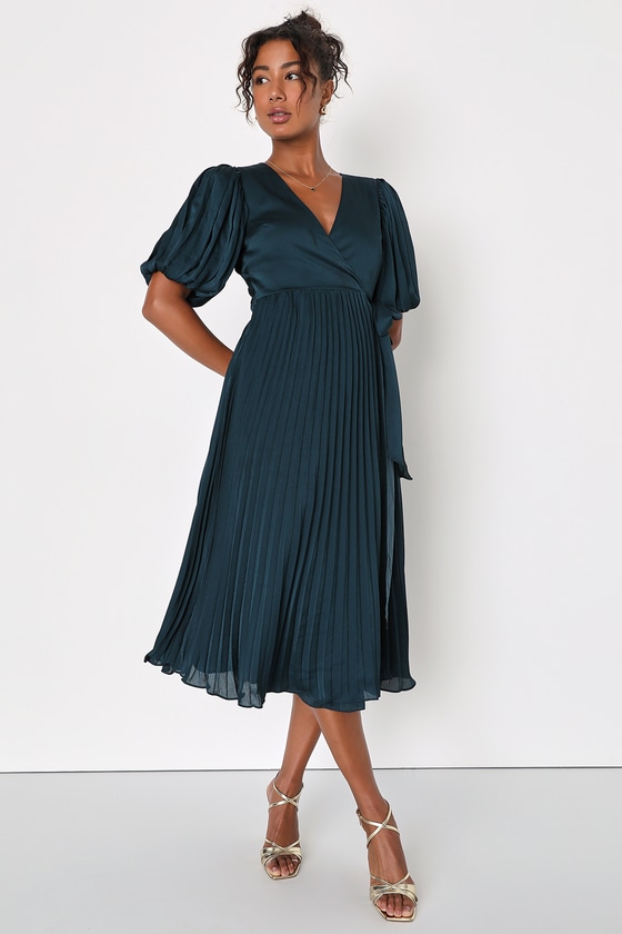 Emerald Midi Dress - Pleated Midi Dress - Puff Sleeve Dress - Lulus