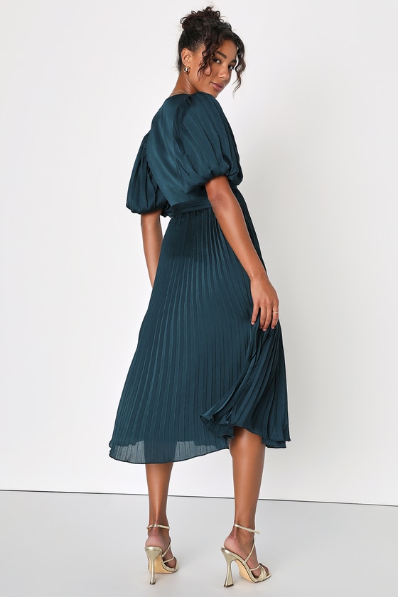 Emerald Midi Dress - Pleated Midi Dress - Puff Sleeve Dress - Lulus