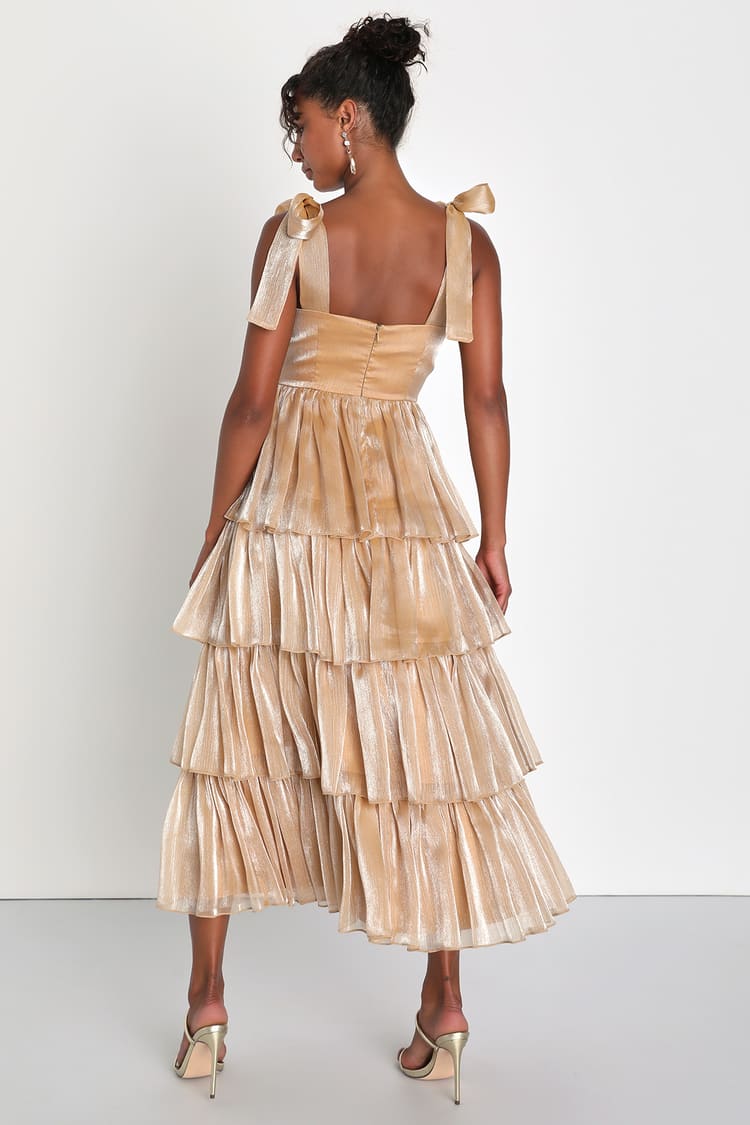 Radiant Arrival Shiny Gold Organza Tiered Tie-Strap Maxi Dress