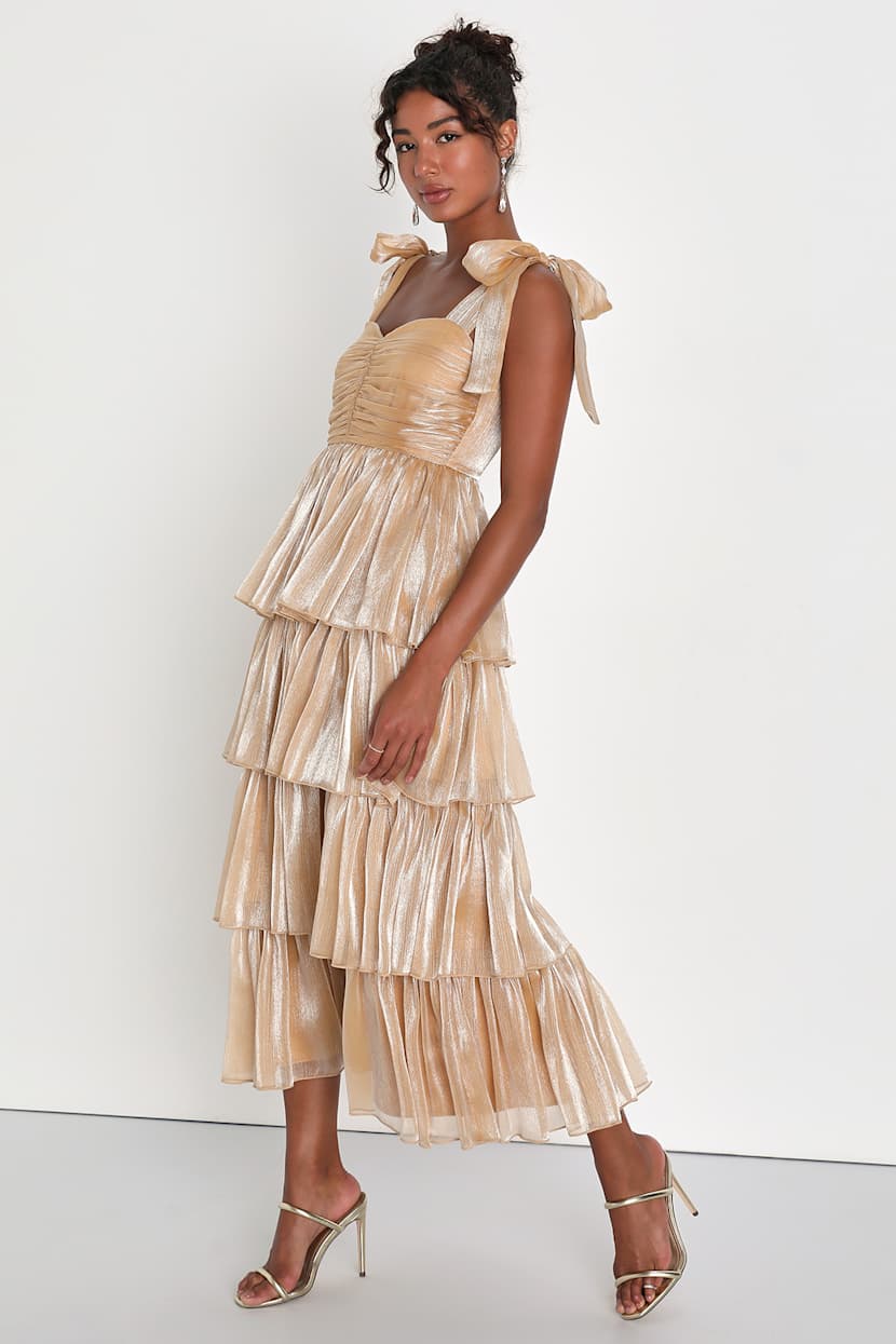Radiant Arrival Shiny Gold Organza Tiered Tie-Strap Maxi Dress