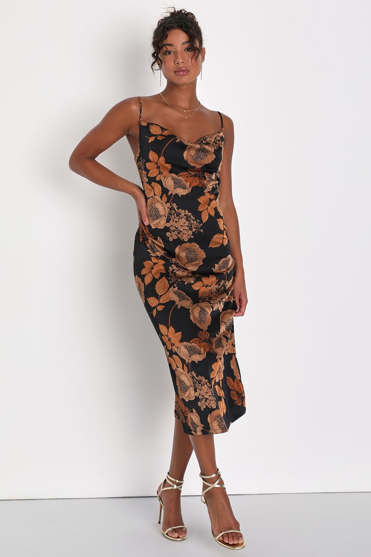 Black Floral Dress - Floral Satin Dress - Cowl Neck Midi Dress - Lulus