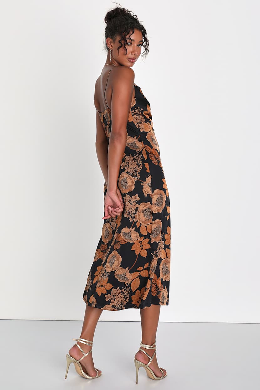 Lulus | Black Floral Satin Cowl Neck Slip Midi Dress | Womens | X-Large (Available in XXS, XS, S) | 100% Polyester