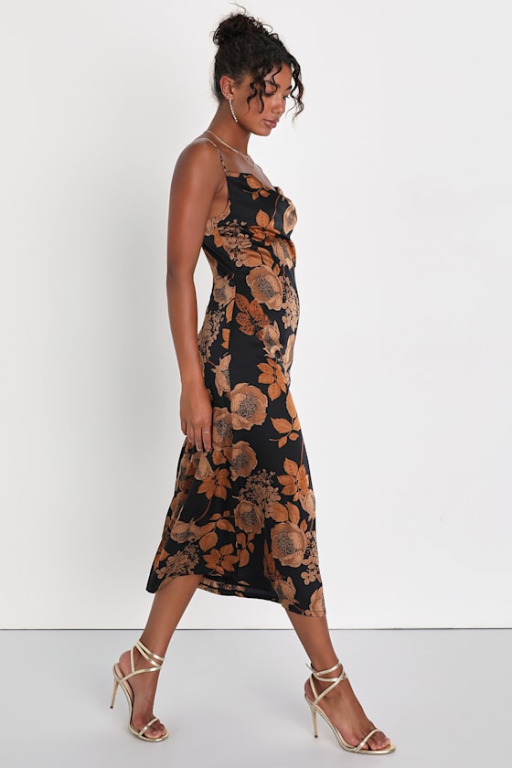 Favorite Icon Black Floral Satin Cowl Neck Slip Midi Dress - thumbnail 4