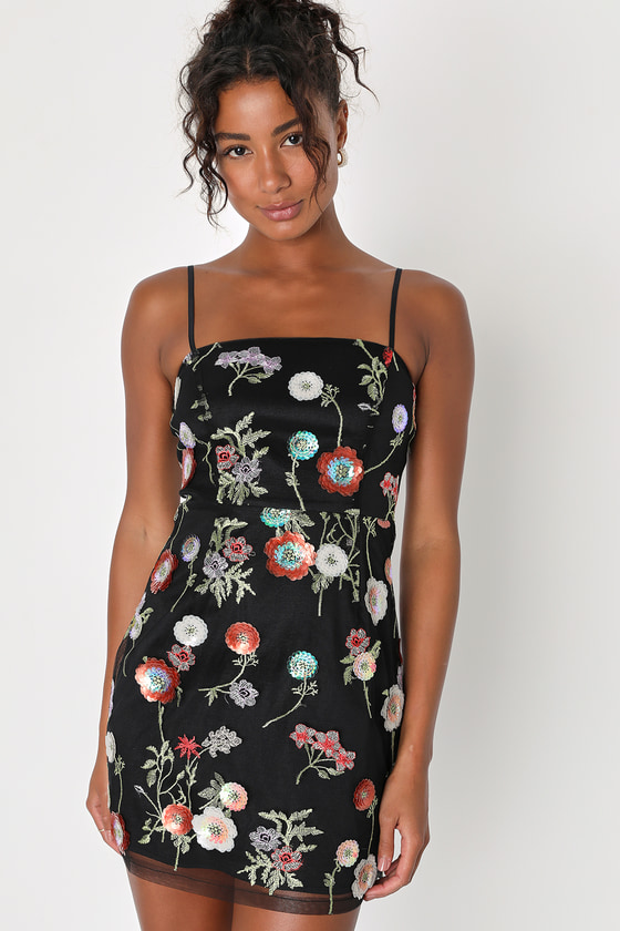 Black Floral Embroidered Dress - Sequin Mini Dress - Flower Dress - Lulus