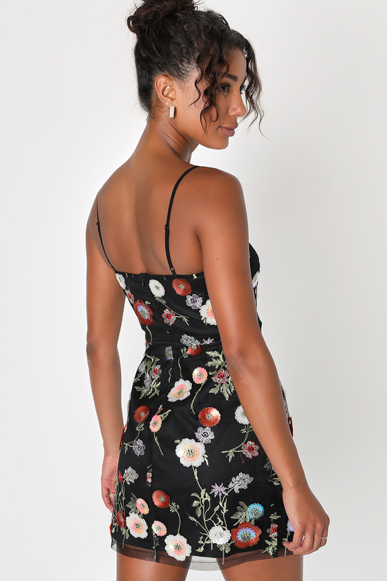 Black Floral Embroidered Dress - Sequin Mini Dress - Flower Dress - Lulus