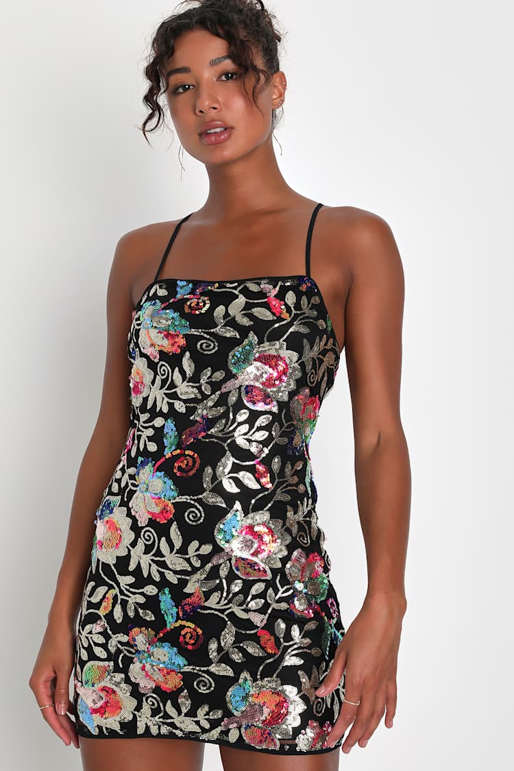 Black Dress - Sequin Lace-Up Dress - Mini Bodycon Dress - Lulus