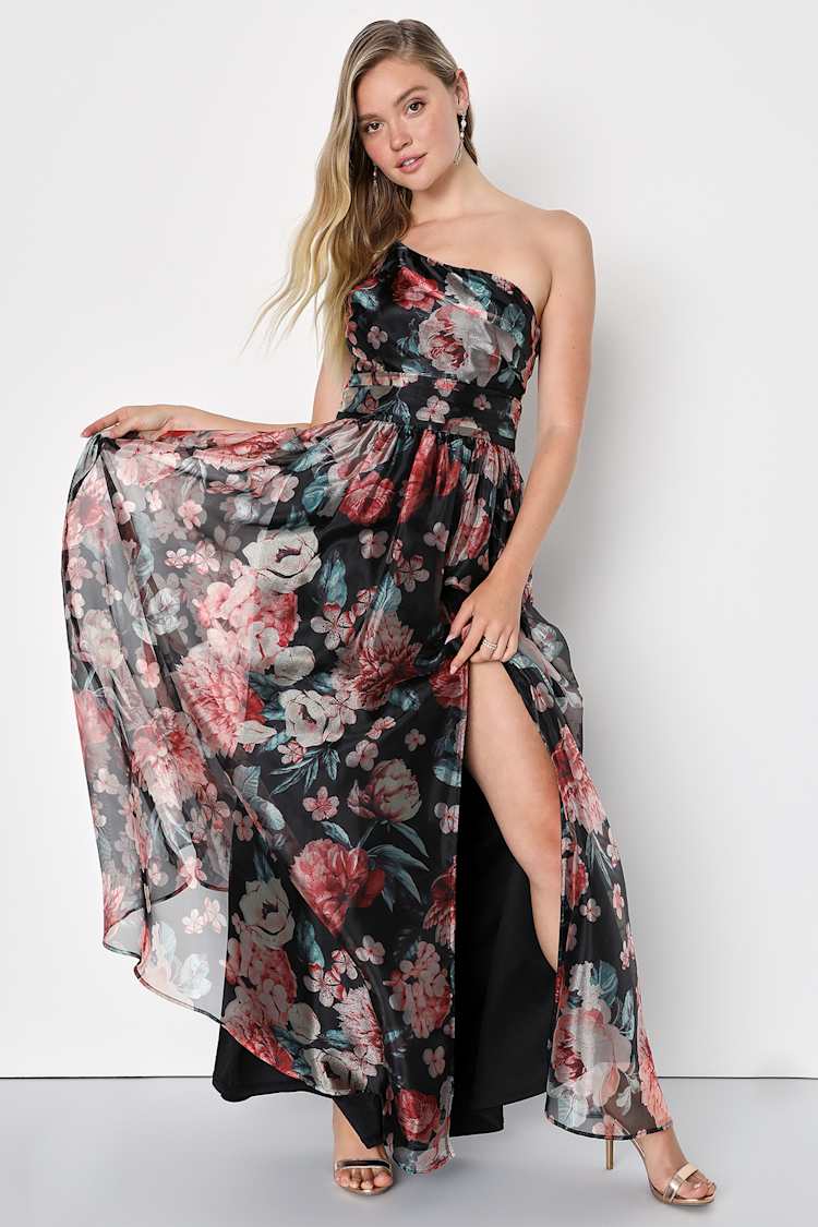 Black Floral Dress - Floral Organza Dress - One-Shoulder Dress - Lulus