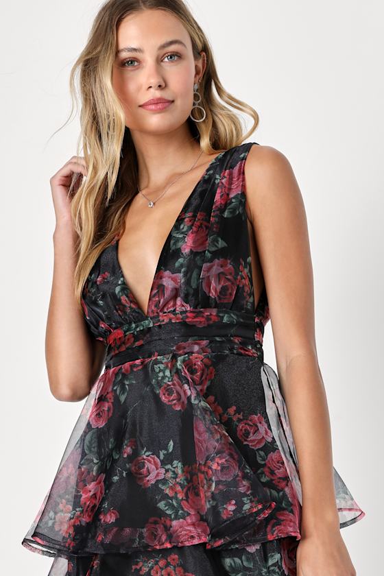 Lulus☆Garden Radiance/ティアード マキシドレス♪【送料込】 Black Floral Print Dress - Tiered Maxi Dress - Organza Maxi
