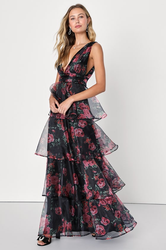 Lulus::Organza Tiered マキシドレス:L[RESALE] Green Floral Organza Dress - Tiered Floral Gown - Black Gown