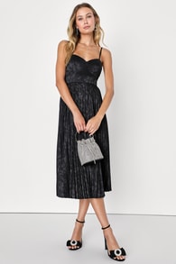 Chic Sensibility Black Satin Jacquard Pleated Midi Dress