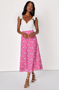 Simple Happiness Hot Pink Floral Print High-Rise Midi Skirt