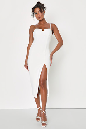 knee length dresses for ladies White V-Neck Cut Out Dress - Side Split Detail