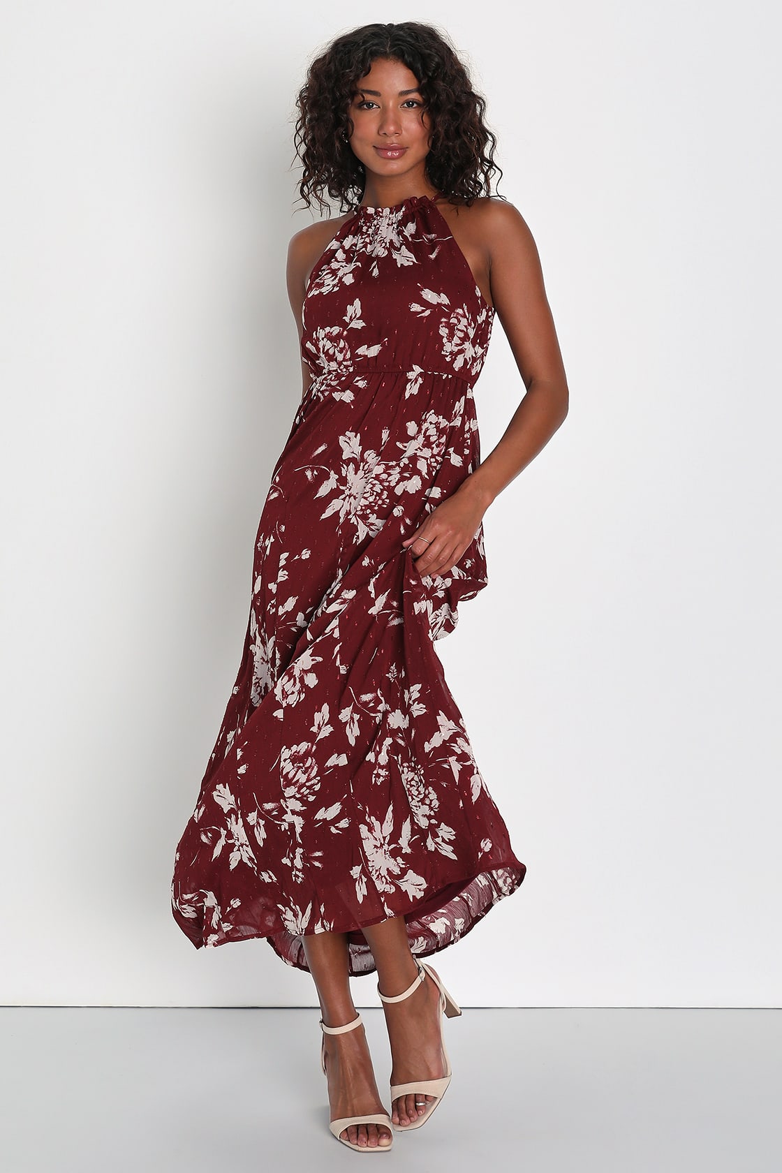 Instinctive Impression Wine Red Floral Print Clip Dot Maxi Dress