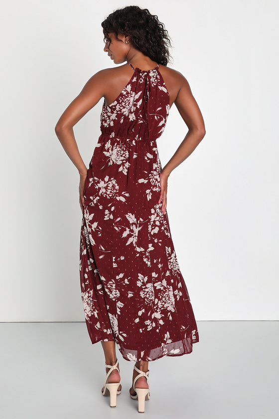 Wine Red Floral Print Dress - Clip Dot Maxi Dress - Halter Dress - Lulus
