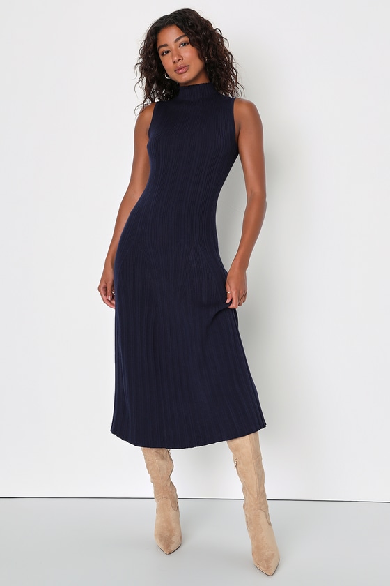 Lulus Easily Aesthetic Navy Blue Ribbed Knit Mock Neck Midi Dress