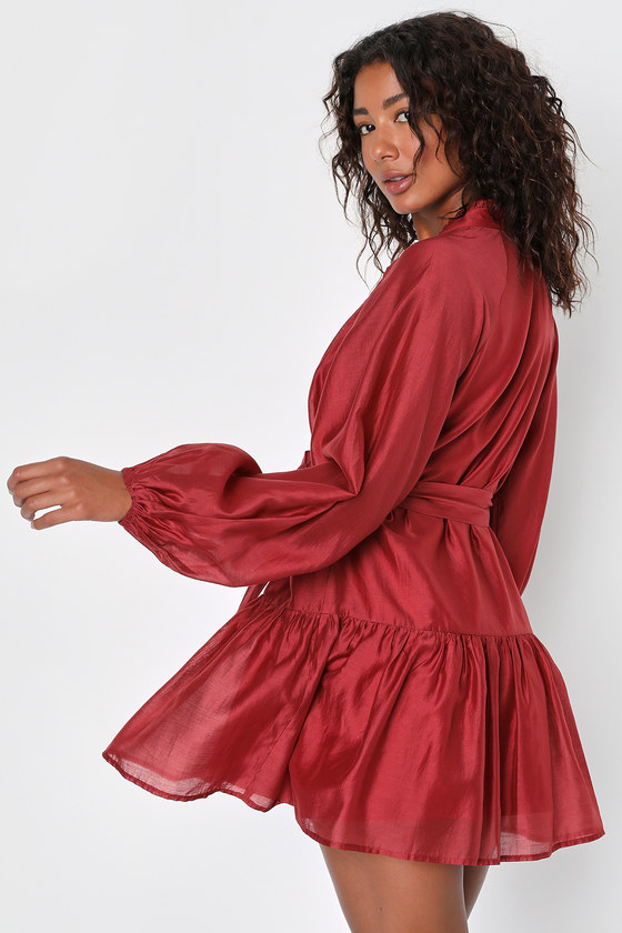 Red Balloon Sleeve Dress - Button-Front Mini Dress - Mini Dress - Lulus