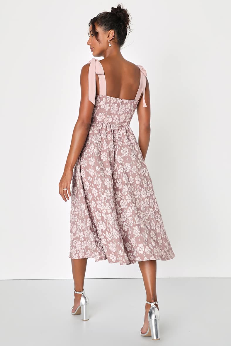 Bubbly Bliss Mauve Pink Jacquard Bustier Tie-Strap Midi Dress