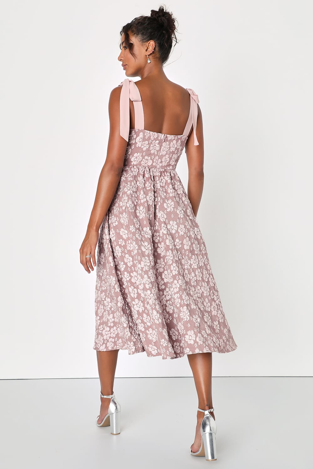 Bubbly Bliss Mauve Pink Jacquard Bustier Tie-Strap Midi Dress