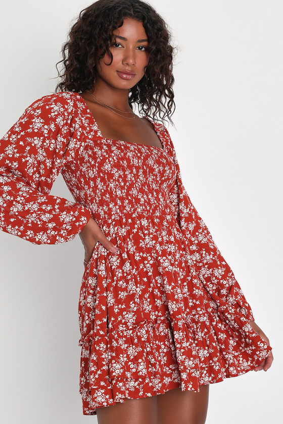 Rust Floral Mini Dress - Smocked Dress - Balloon Sleeve Dress - Lulus