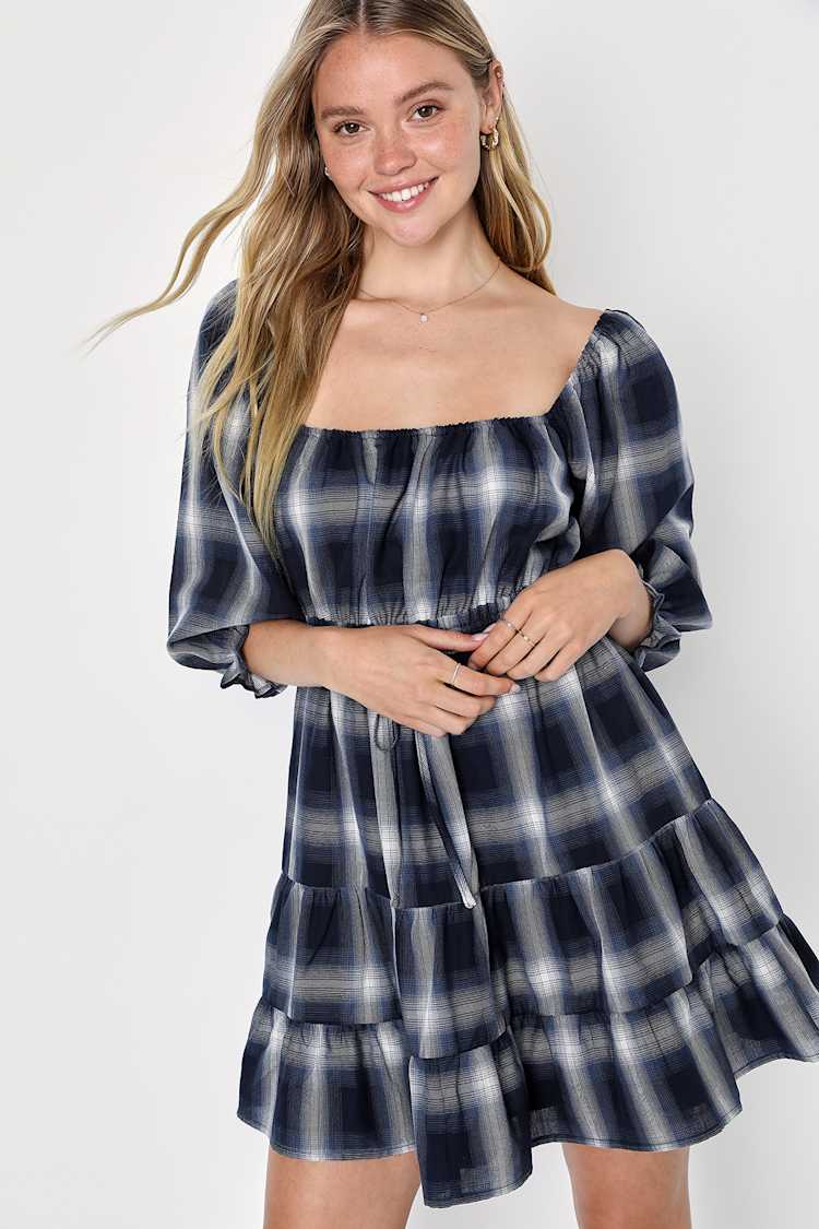princess polly baby blue dress Wedding Guest Dresses for Women, Women's 3/4 Puff Sleeve Plaid Mini Dress  Lapel Doll Collar Loose Dress(Blue,M)