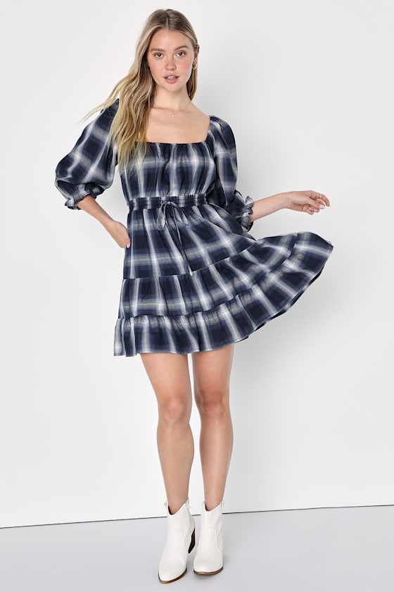 Blue And White Loose Plaid Henley Neck Long Sleeve Mini Dress main image 0