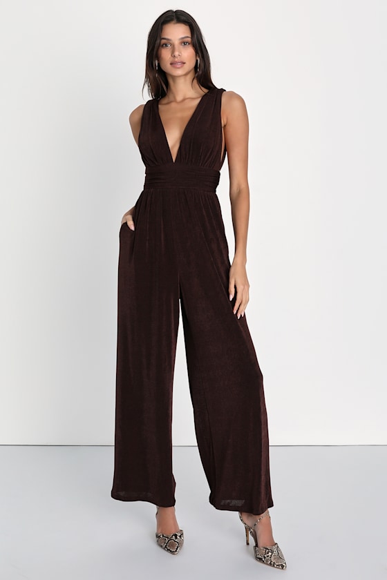 Brown Jumpsuit Slinky Knit Jumpsuit WideLeg Jumpsuit Lulus