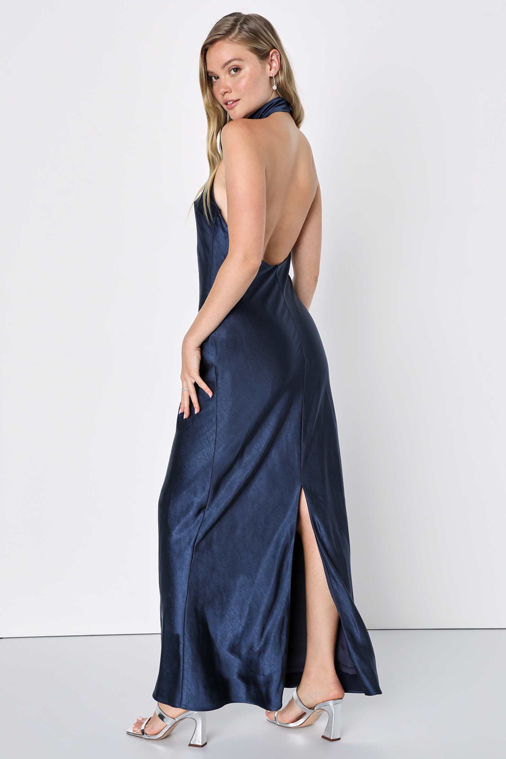 Love in Your Life Navy Blue Satin Halter Maxi Dress