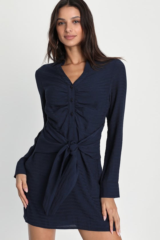 Navy Blue Mini Dress - Long Sleeve Dress - Tie-Waist Midi Dress - Lulus