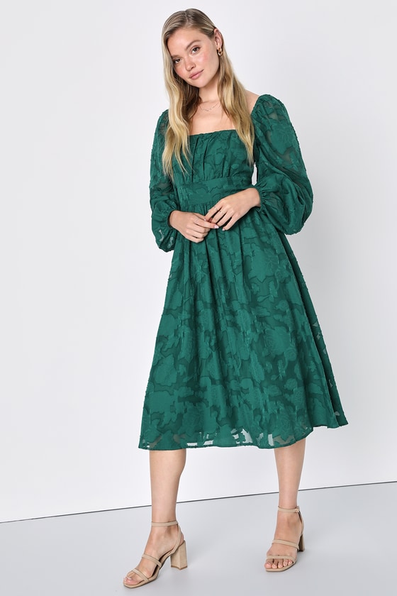 Lulus Flirtatious Nature Emerald Floral Jacquard Lace-up Midi Dress In Green