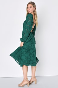 Flirtatious Nature Emerald Floral Jacquard Lace-Up Midi Dress