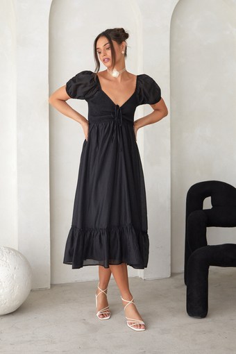 Inspiring Feelings Black Smocked Puff Sleeve Midi Dress