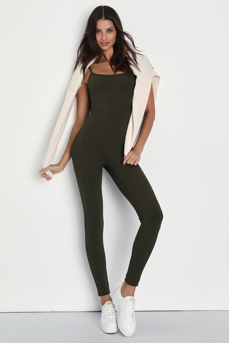 Super Base Olive Green Ribbed Knit Bodycon Lounge Jumpsuit