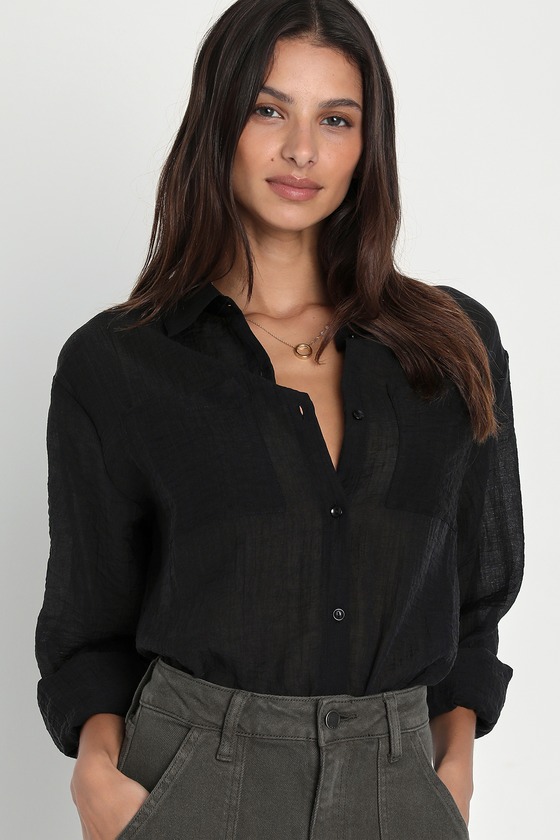 Shop Lulus Chic Spirit Black Crinkled Long Sleeve Button-up Top