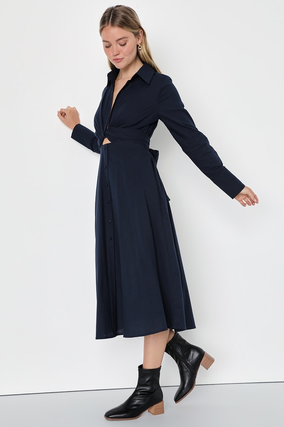 Lulus Adorable Impression Navy Blue Midi Dress With Pockets